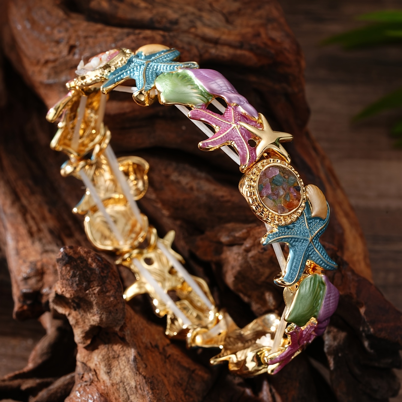 Boho Summer Coastal Starfish & Seashell Bracelet, Open Cuff